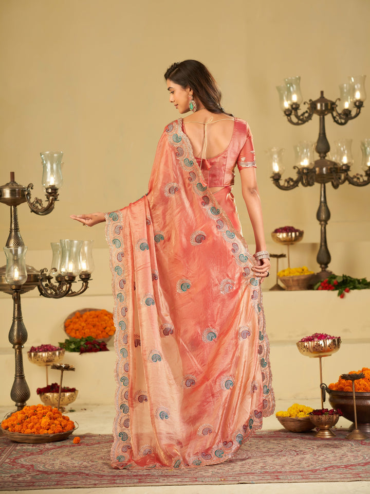 Peach Pink Designer Fendy Satin Saree with Multicolor Paisley Embroidery & Scalloped Embroidered Border | Premium Festive Party Wear Saree
