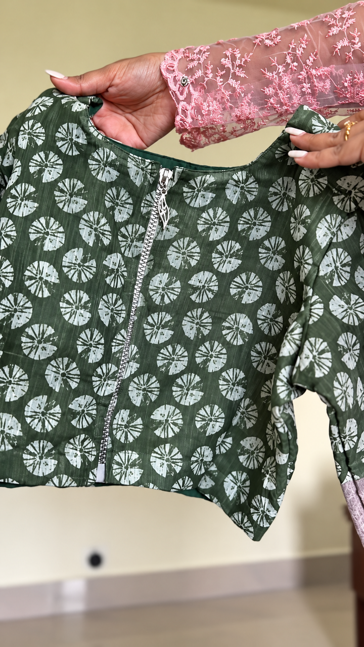 Olive Green & Beige Mul Cotton Saree with Floral Print, Mirror Work & Arco Scalloped Border