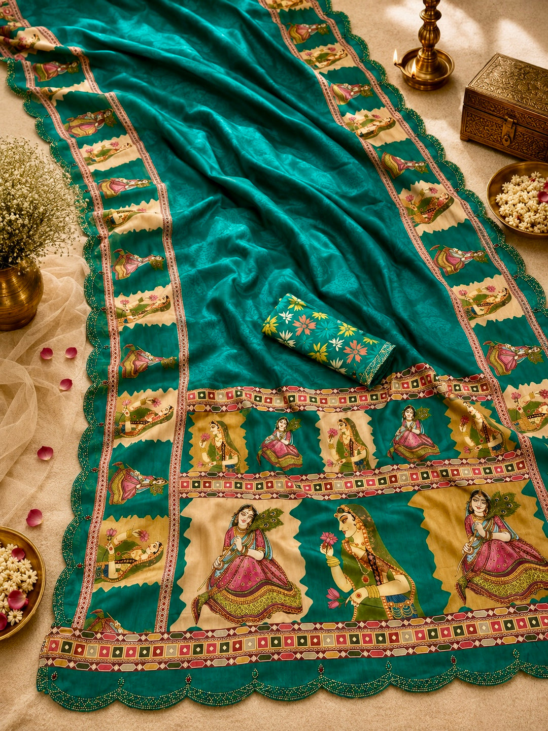 Teal Green Modal Silk Saree with Traditional Women Art Print, Heritage Pallu & Scalloped Embellished Border