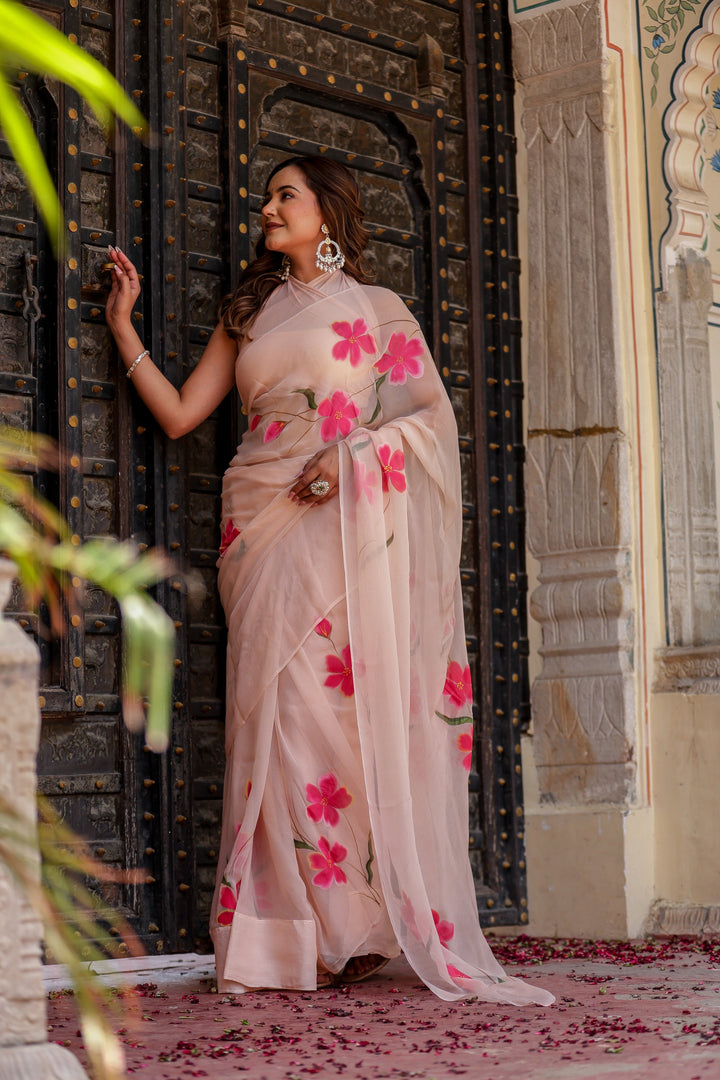 Blush Peach Chiffon Saree with Vibrant Pink Floral Print | Lightweight Designer Saree with Blouse Piece