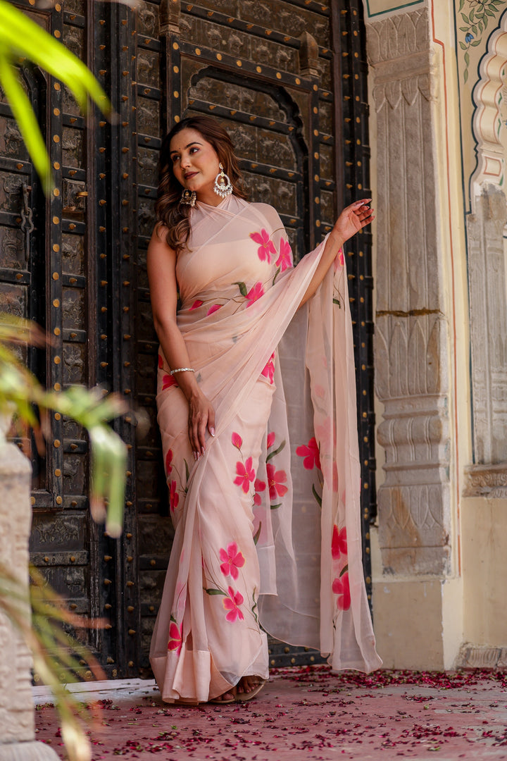 Blush Peach Chiffon Saree with Vibrant Pink Floral Print | Lightweight Designer Saree with Blouse Piece