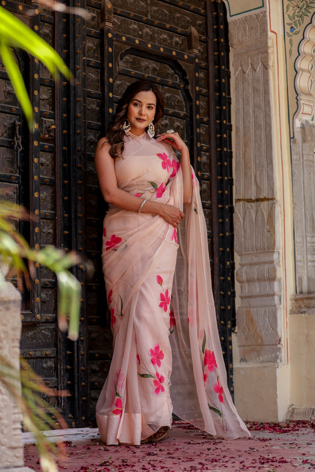 Blush Peach Chiffon Saree with Vibrant Pink Floral Print | Lightweight Designer Saree with Blouse Piece