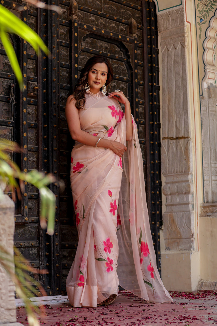 Blush Peach Chiffon Saree with Vibrant Pink Floral Print | Lightweight Designer Saree with Blouse Piece