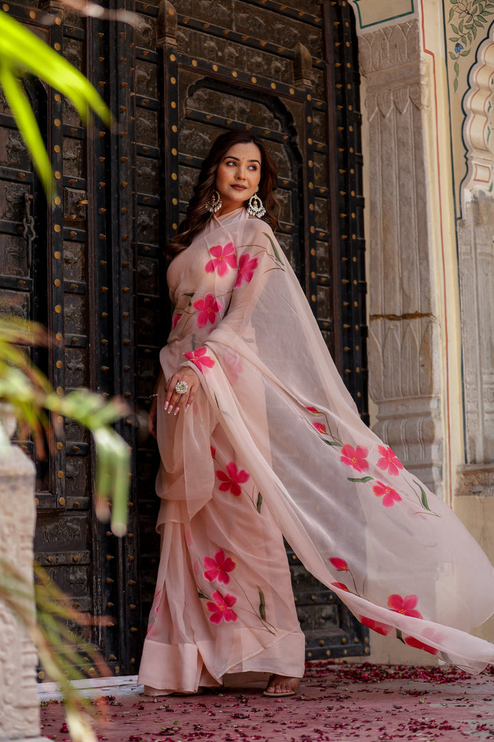 Blush Peach Chiffon Saree with Vibrant Pink Floral Print | Lightweight Designer Saree with Blouse Piece