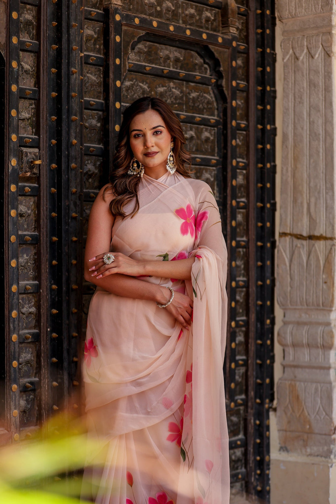 Blush Peach Chiffon Saree with Vibrant Pink Floral Print | Lightweight Designer Saree with Blouse Piece