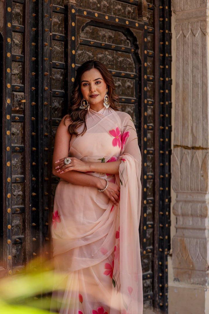 Blush Peach Chiffon Saree with Vibrant Pink Floral Print | Lightweight Designer Saree with Blouse Piece