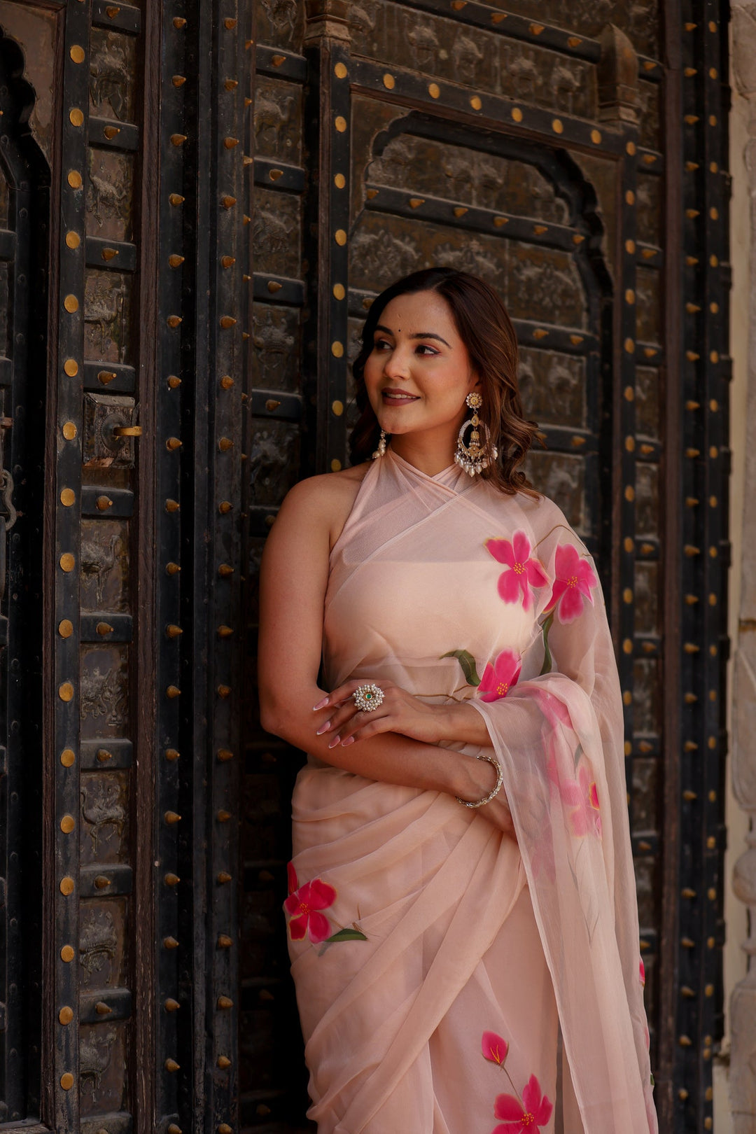 Blush Peach Chiffon Saree with Vibrant Pink Floral Print | Lightweight Designer Saree with Blouse Piece