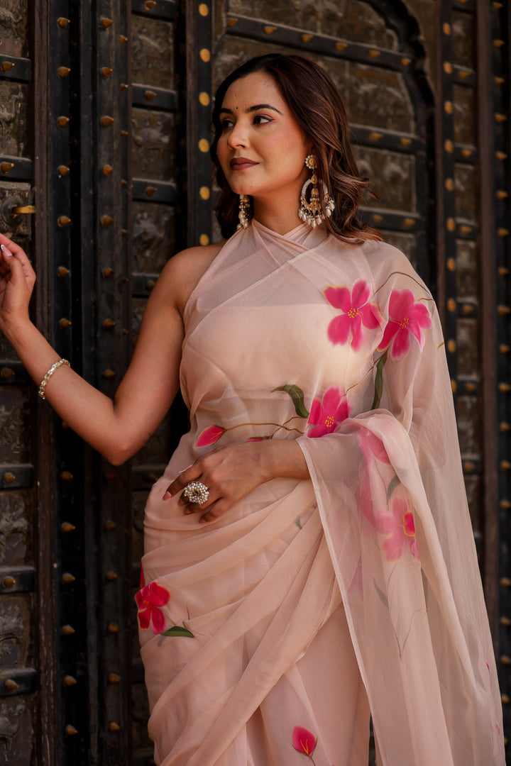 Blush Peach Chiffon Saree with Vibrant Pink Floral Print | Lightweight Designer Saree with Blouse Piece