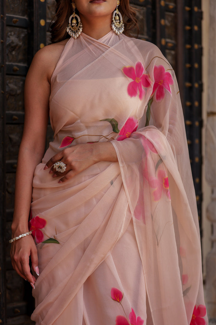 Blush Peach Chiffon Saree with Vibrant Pink Floral Print | Lightweight Designer Saree with Blouse Piece