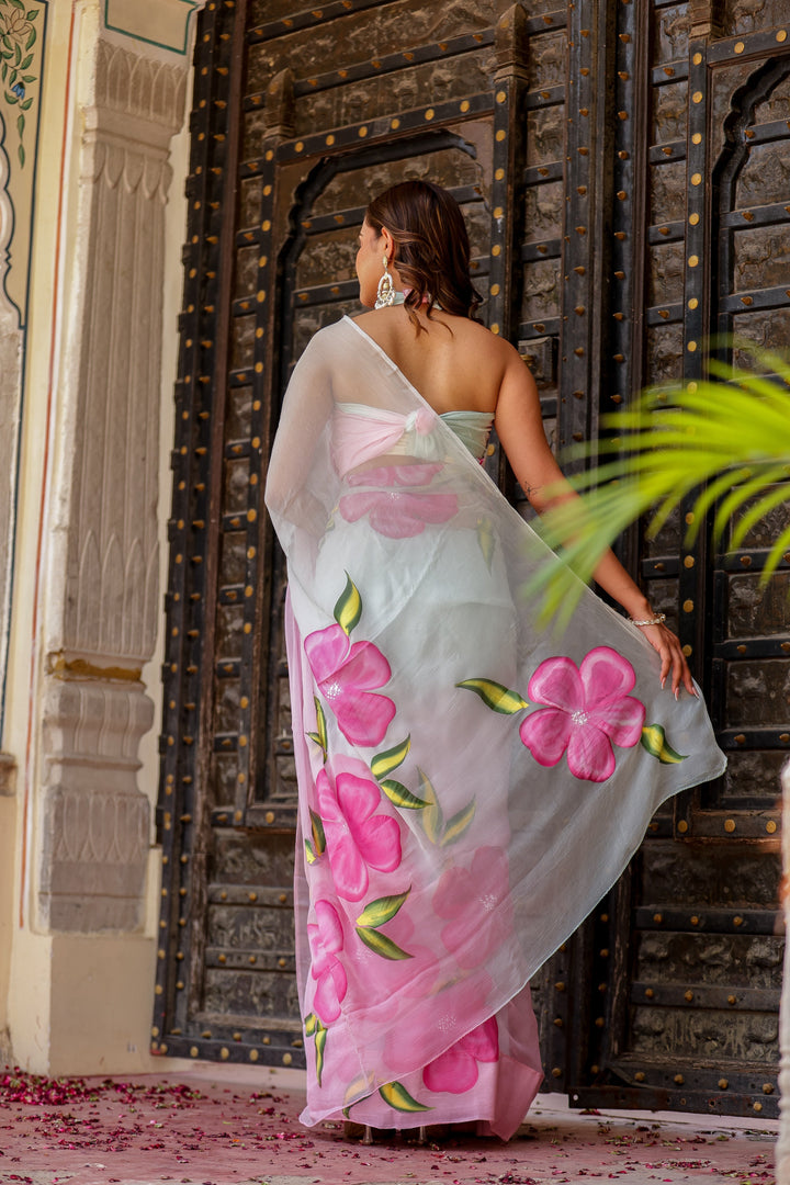 Pastel Blue & Pink Chiffon Saree with Oversized Floral Print | Lightweight Designer Saree with Blouse Piece