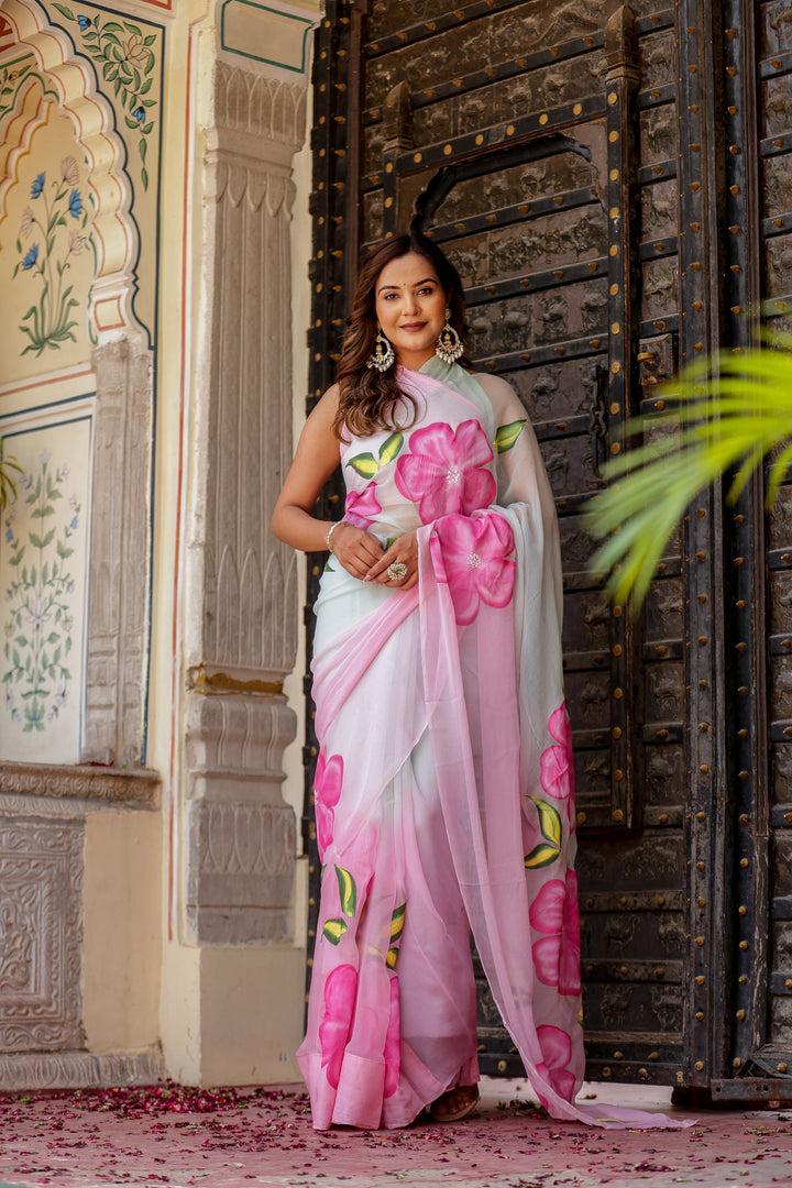 Pastel Blue & Pink Chiffon Saree with Oversized Floral Print | Lightweight Designer Saree with Blouse Piece