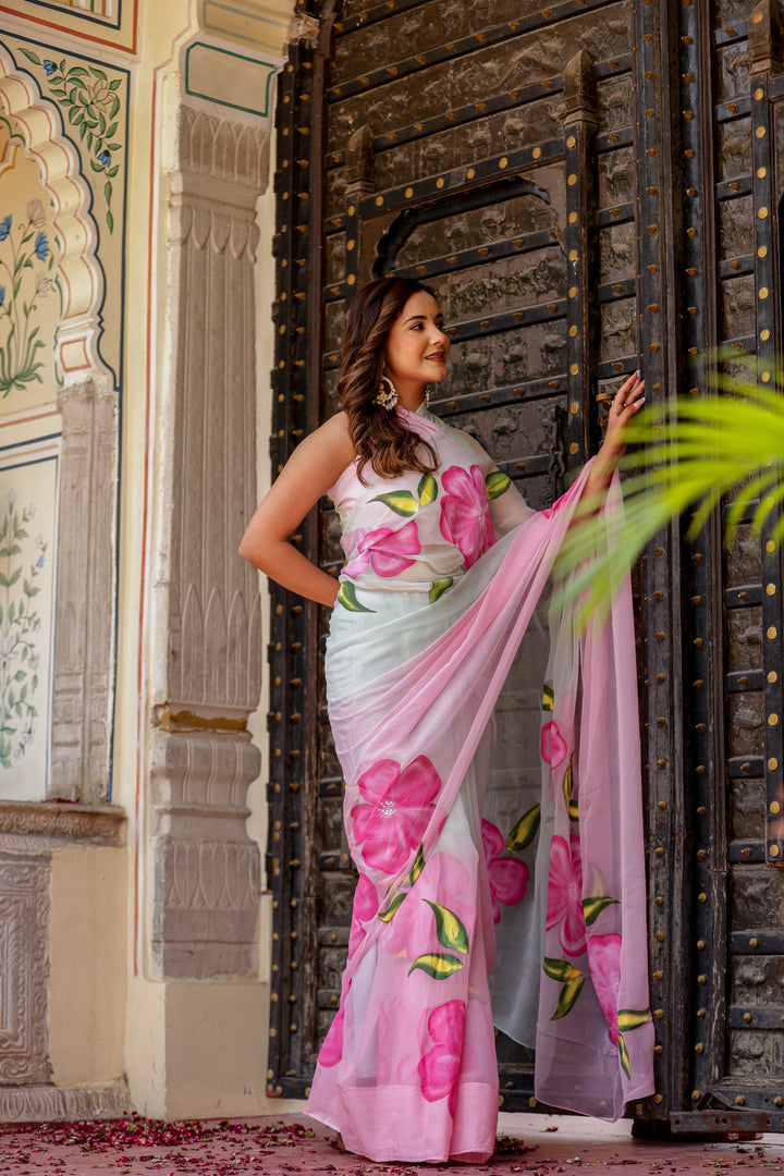 Pastel Blue & Pink Chiffon Saree with Oversized Floral Print | Lightweight Designer Saree with Blouse Piece