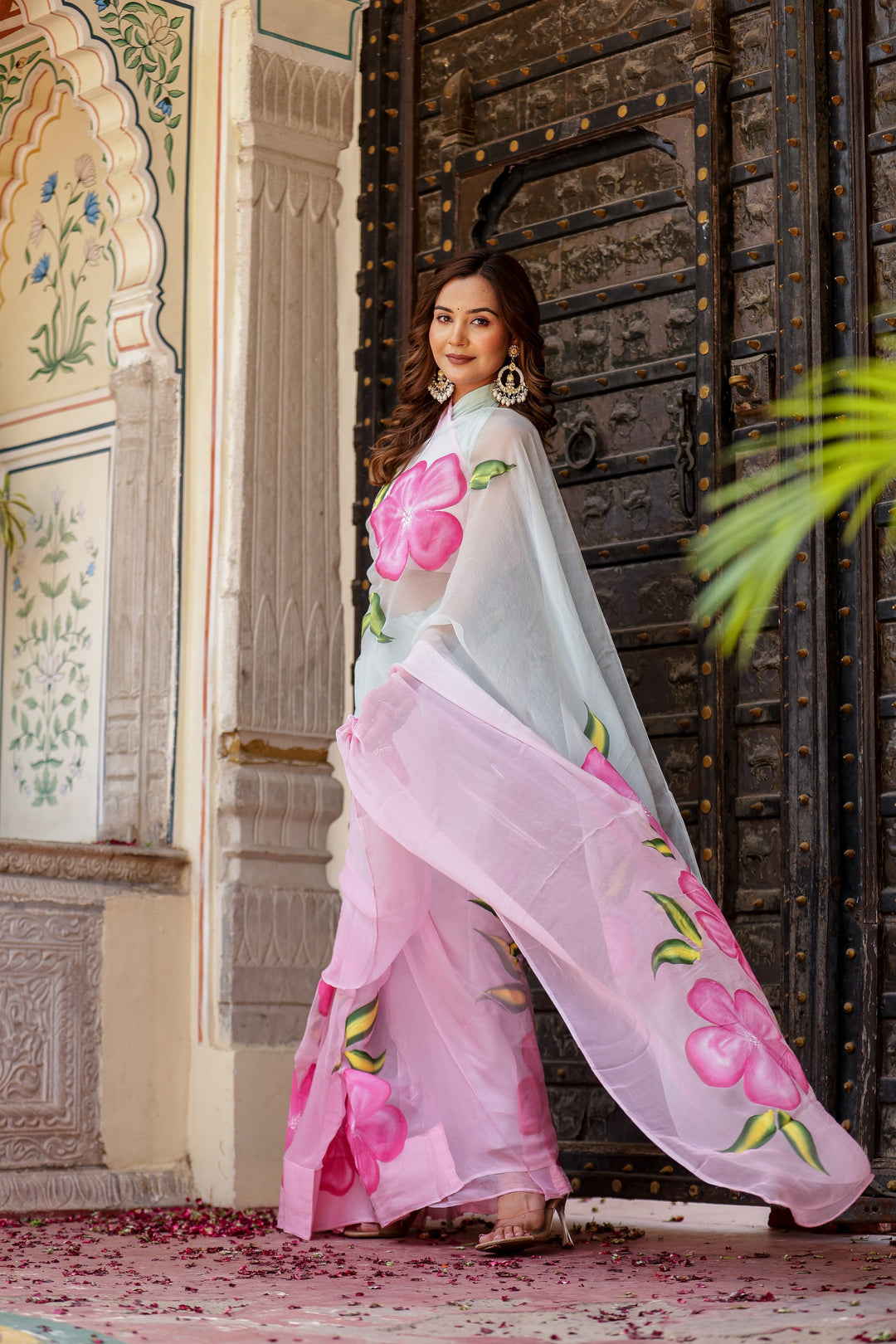 Pastel Blue & Pink Chiffon Saree with Oversized Floral Print | Lightweight Designer Saree with Blouse Piece