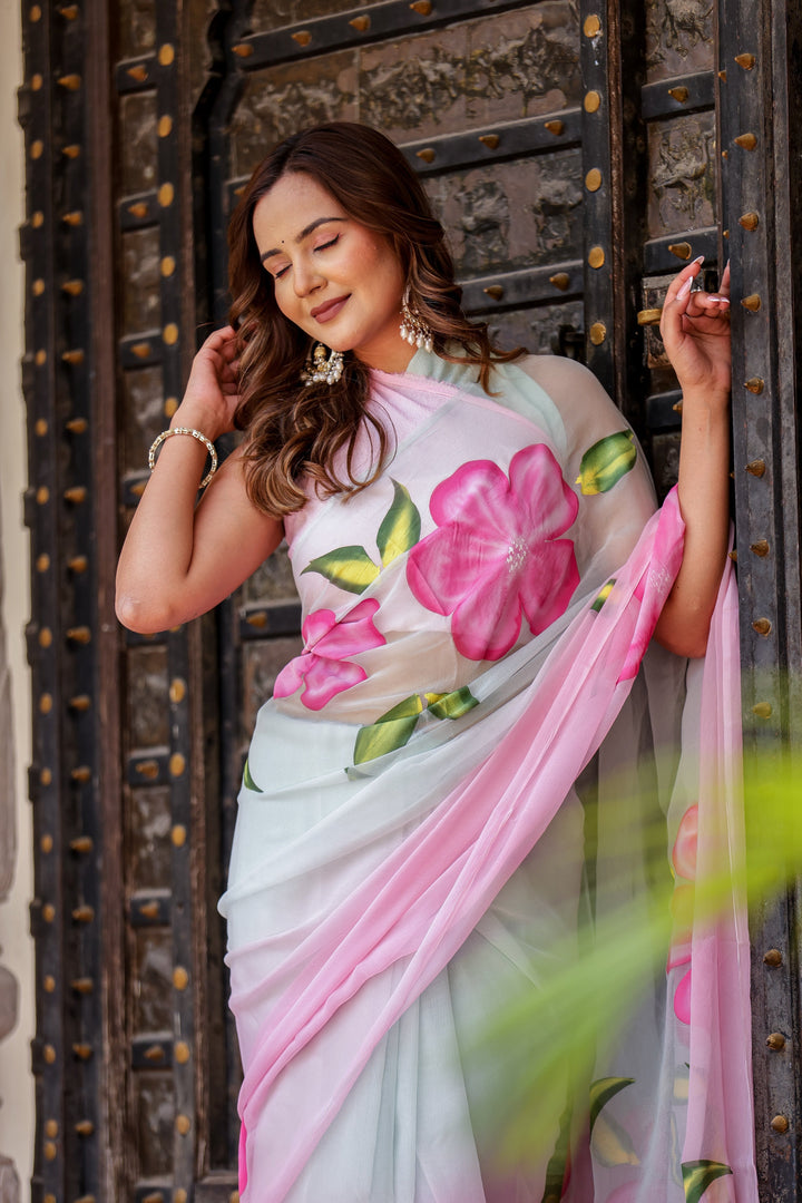 Pastel Blue & Pink Chiffon Saree with Oversized Floral Print | Lightweight Designer Saree with Blouse Piece