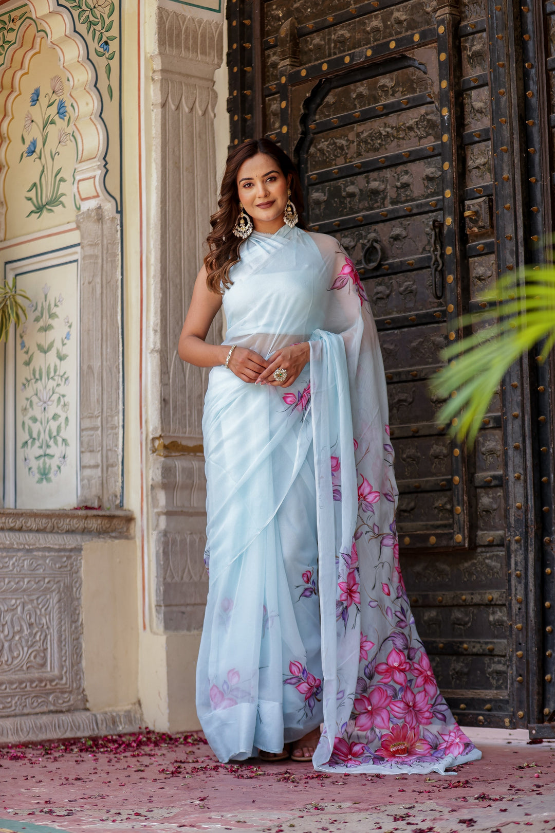 Ice Blue Chiffon Saree with Pink & Purple Floral Print | Lightweight Designer Saree with Blouse Piece