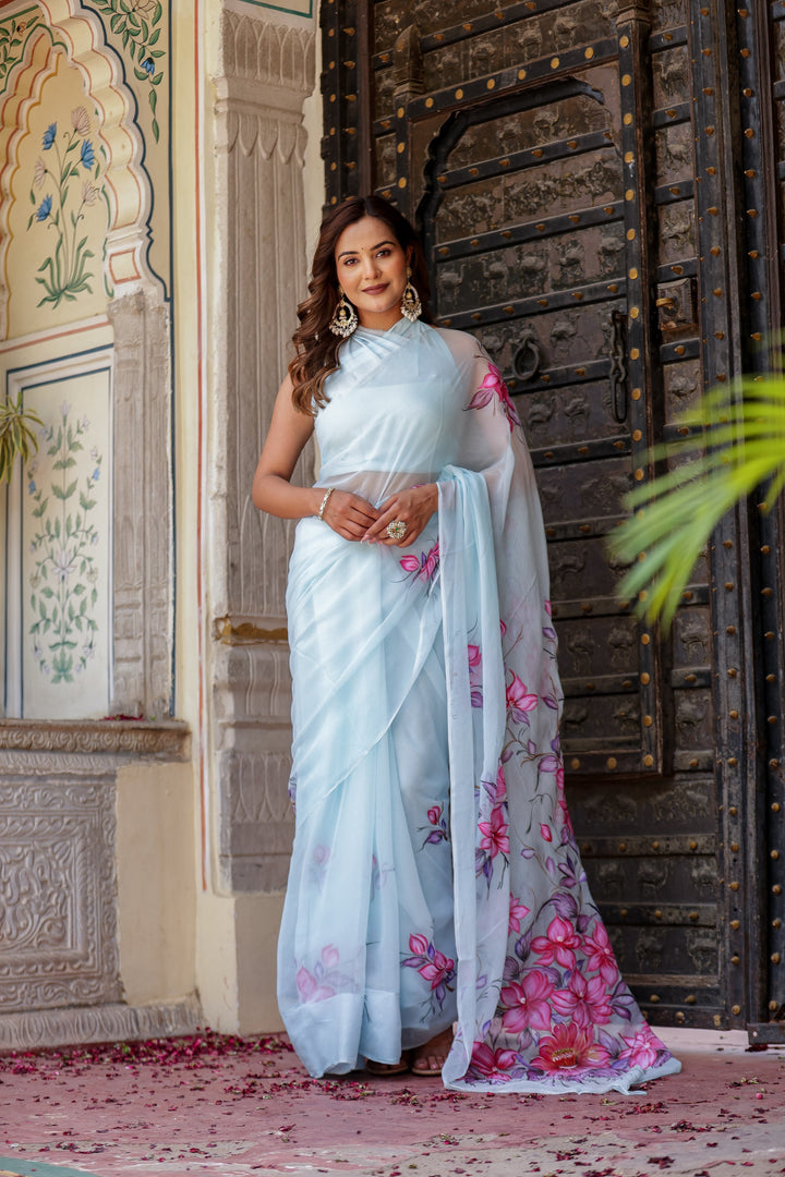Ice Blue Chiffon Saree with Pink & Purple Floral Print | Lightweight Designer Saree with Blouse Piece