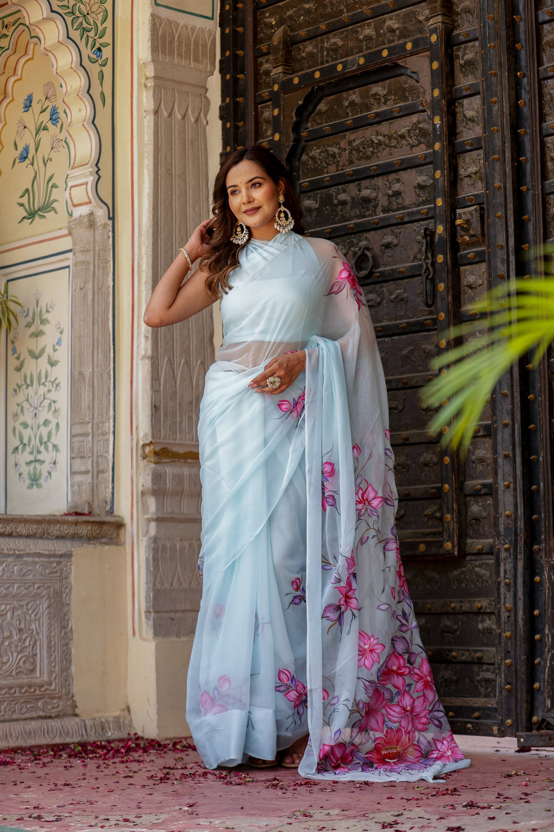 Ice Blue Chiffon Saree with Pink & Purple Floral Print | Lightweight Designer Saree with Blouse Piece