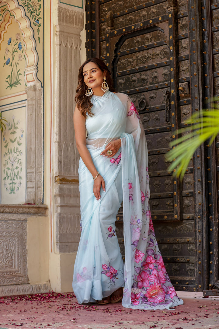 Ice Blue Chiffon Saree with Pink & Purple Floral Print | Lightweight Designer Saree with Blouse Piece