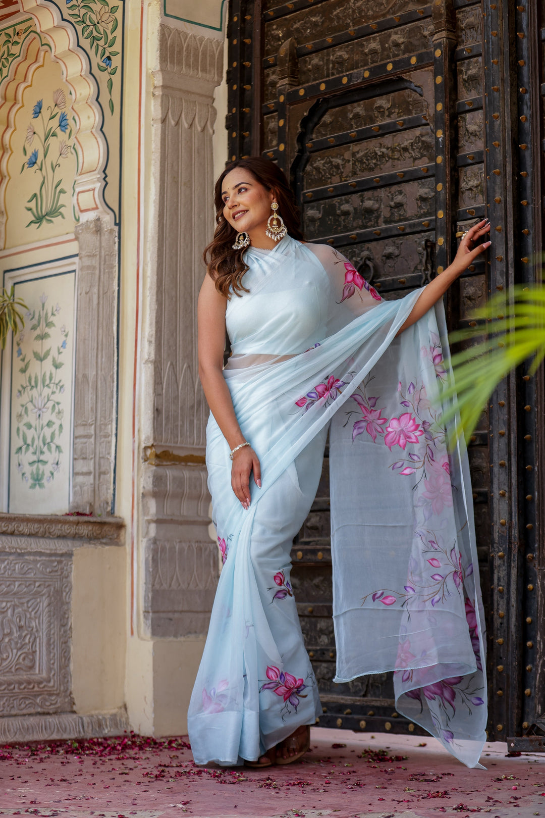 Ice Blue Chiffon Saree with Pink & Purple Floral Print | Lightweight Designer Saree with Blouse Piece