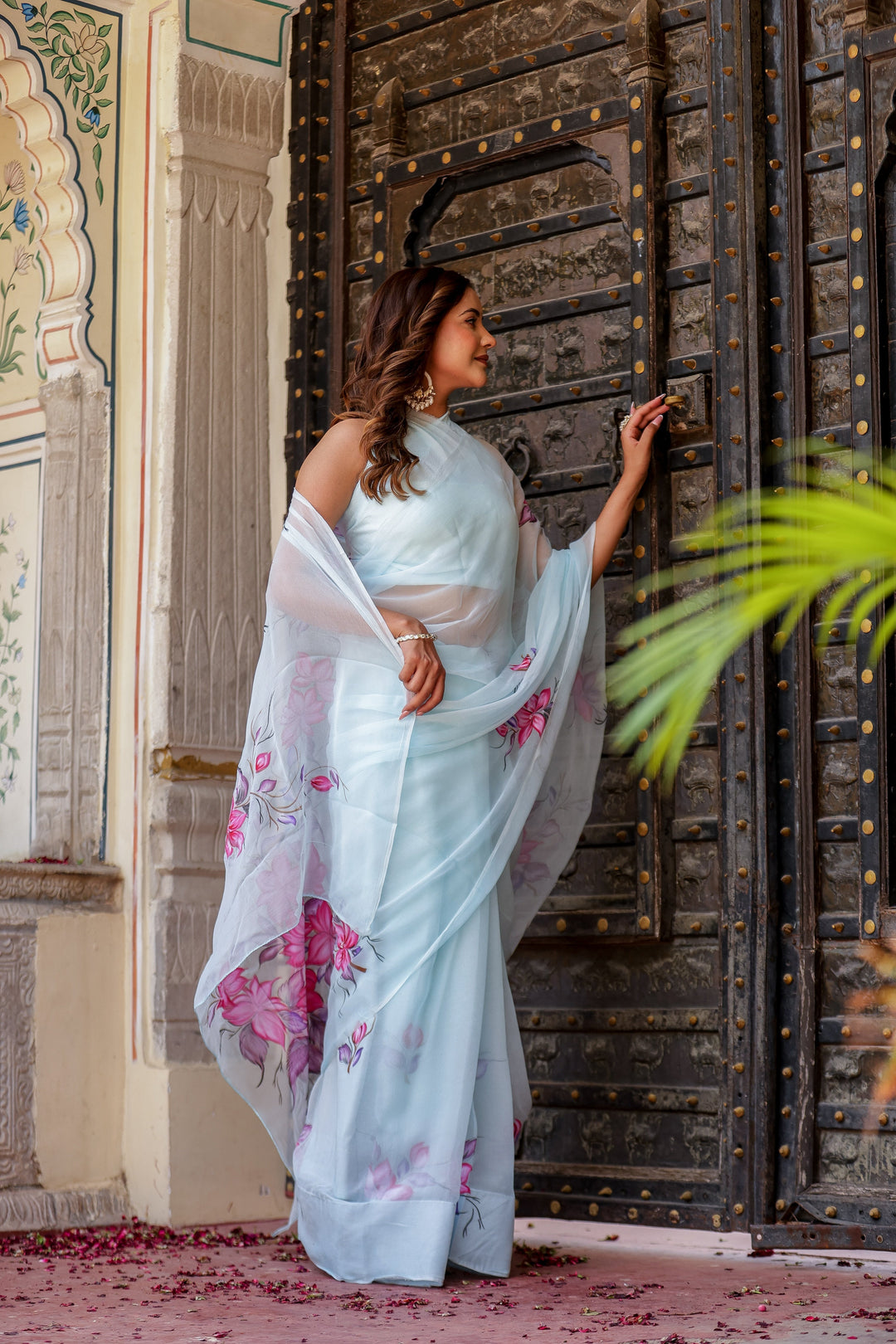 Ice Blue Chiffon Saree with Pink & Purple Floral Print | Lightweight Designer Saree with Blouse Piece