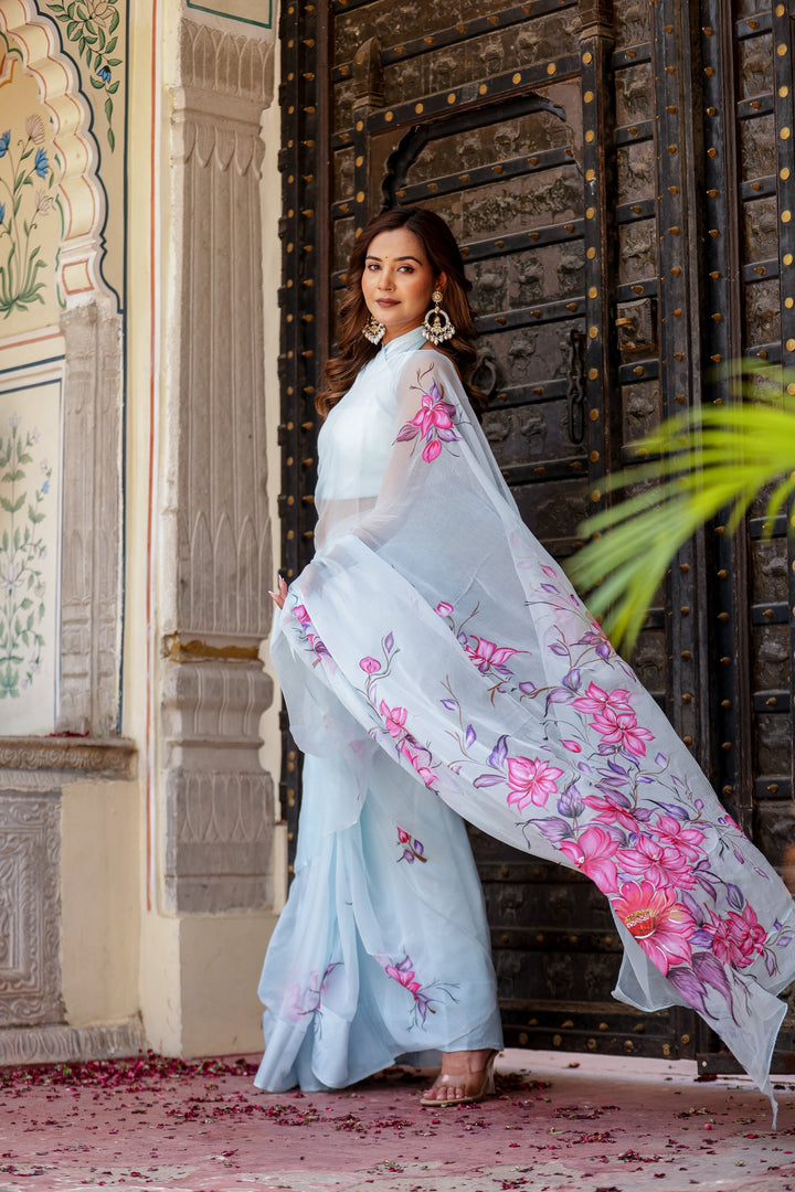 Ice Blue Chiffon Saree with Pink & Purple Floral Print | Lightweight Designer Saree with Blouse Piece