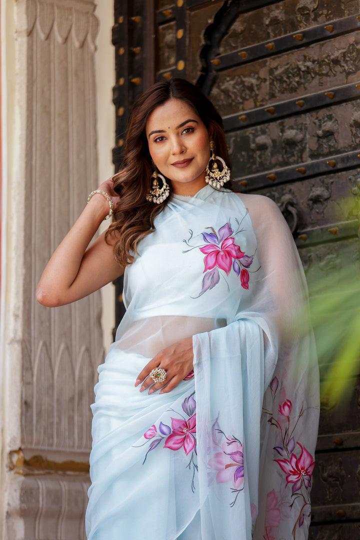 Ice Blue Chiffon Saree with Pink & Purple Floral Print | Lightweight Designer Saree with Blouse Piece
