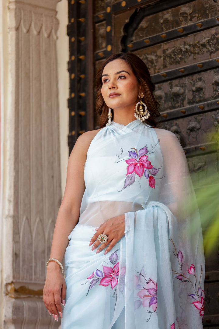 Ice Blue Chiffon Saree with Pink & Purple Floral Print | Lightweight Designer Saree with Blouse Piece