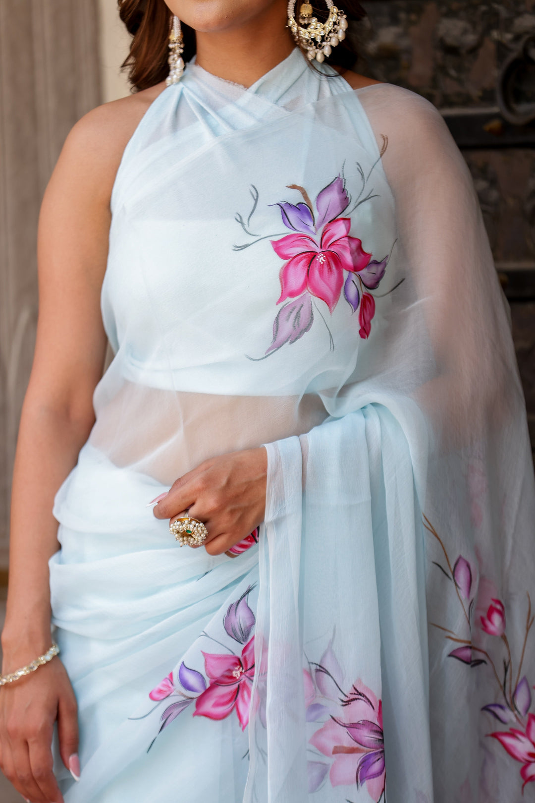 Ice Blue Chiffon Saree with Pink & Purple Floral Print | Lightweight Designer Saree with Blouse Piece