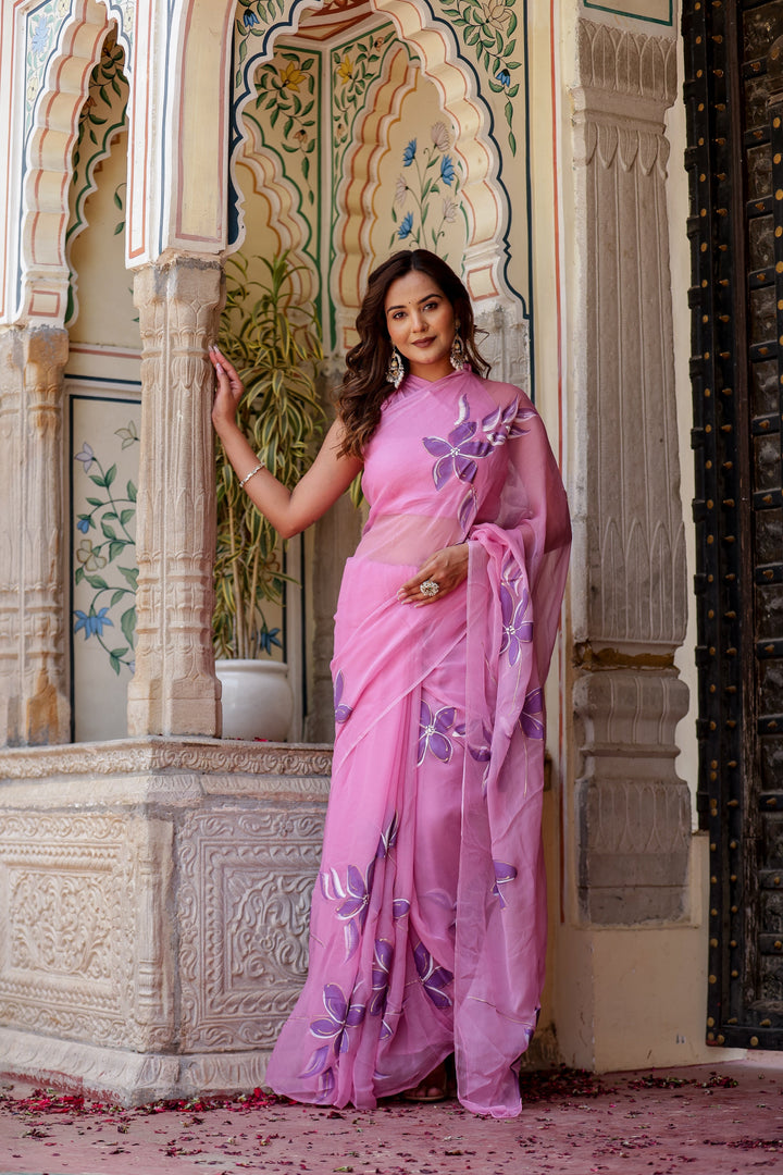 Blush Pink Chiffon Saree with Purple Floral Print | Lightweight Designer Saree with Blouse Piece