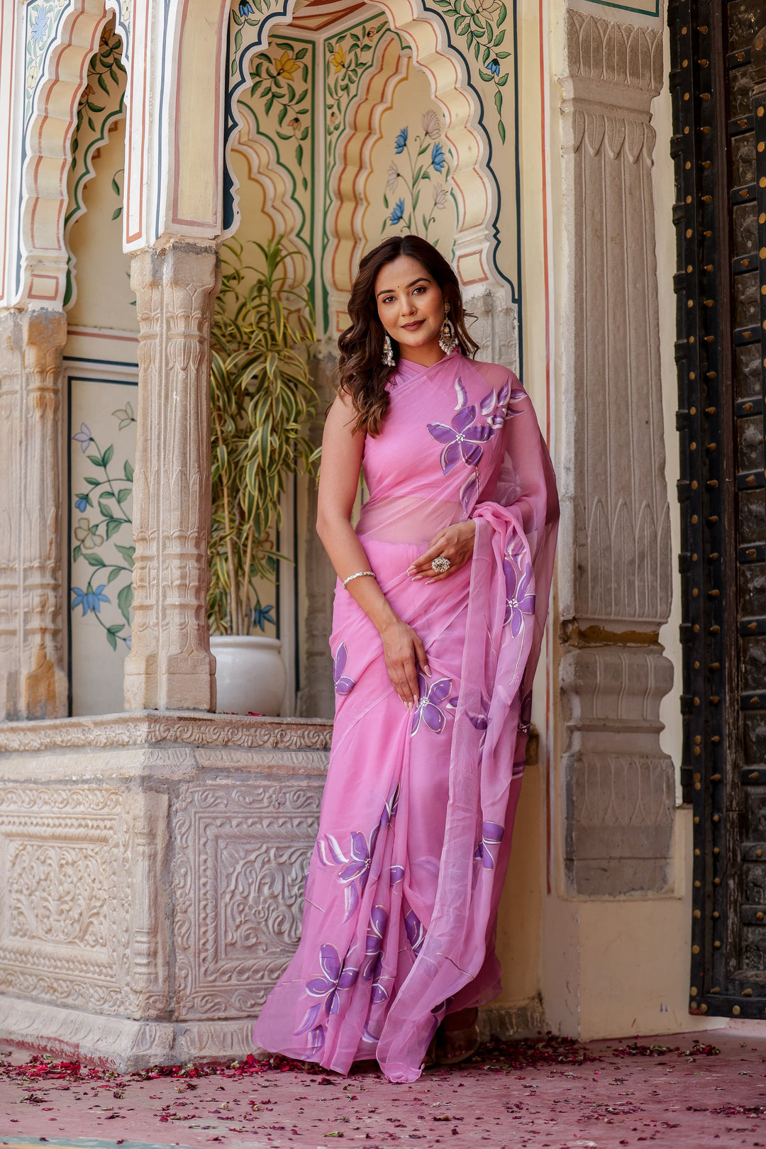 Blush Pink Chiffon Saree with Purple Floral Print | Lightweight Designer Saree with Blouse Piece