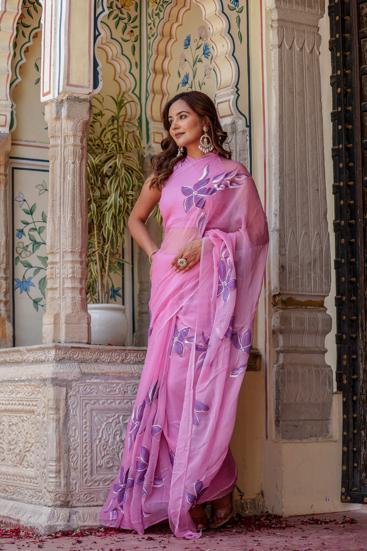Blush Pink Chiffon Saree with Purple Floral Print | Lightweight Designer Saree with Blouse Piece