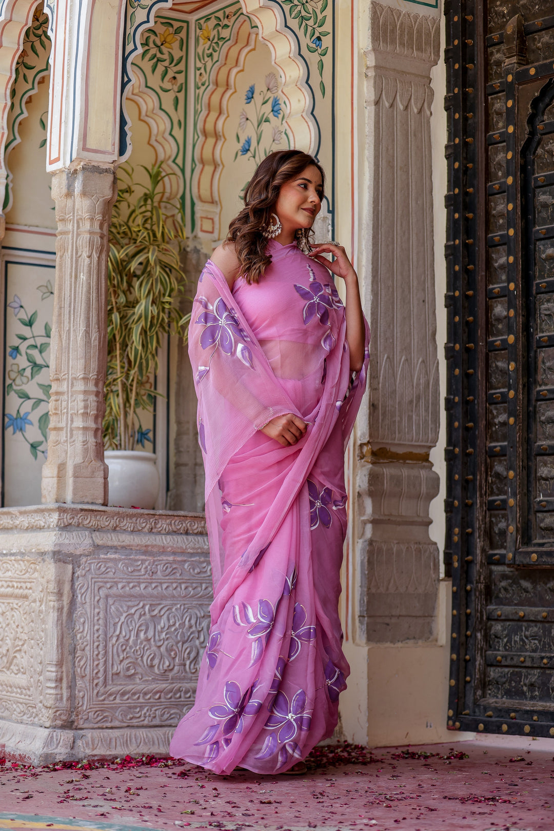 Blush Pink Chiffon Saree with Purple Floral Print | Lightweight Designer Saree with Blouse Piece