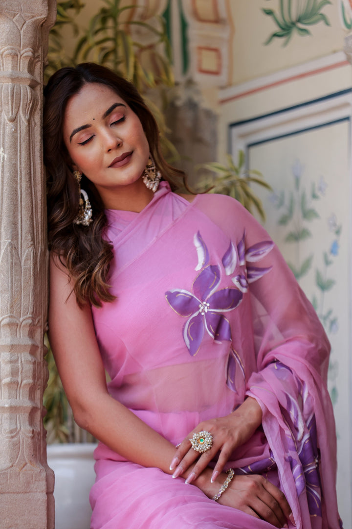Blush Pink Chiffon Saree with Purple Floral Print | Lightweight Designer Saree with Blouse Piece