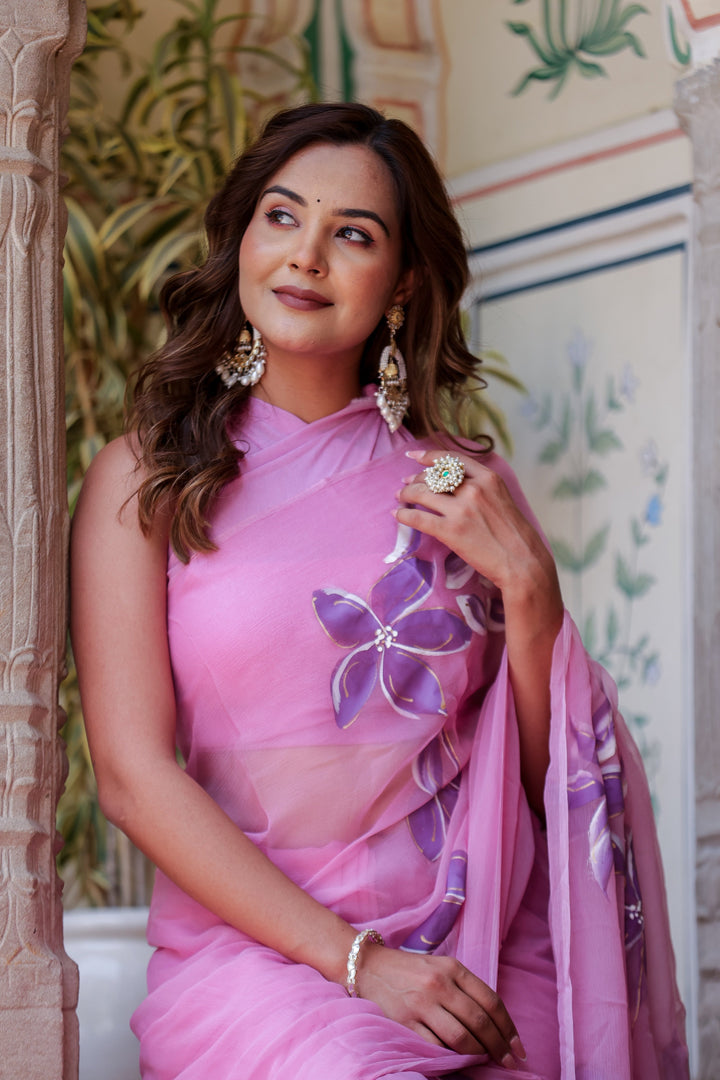 Blush Pink Chiffon Saree with Purple Floral Print | Lightweight Designer Saree with Blouse Piece