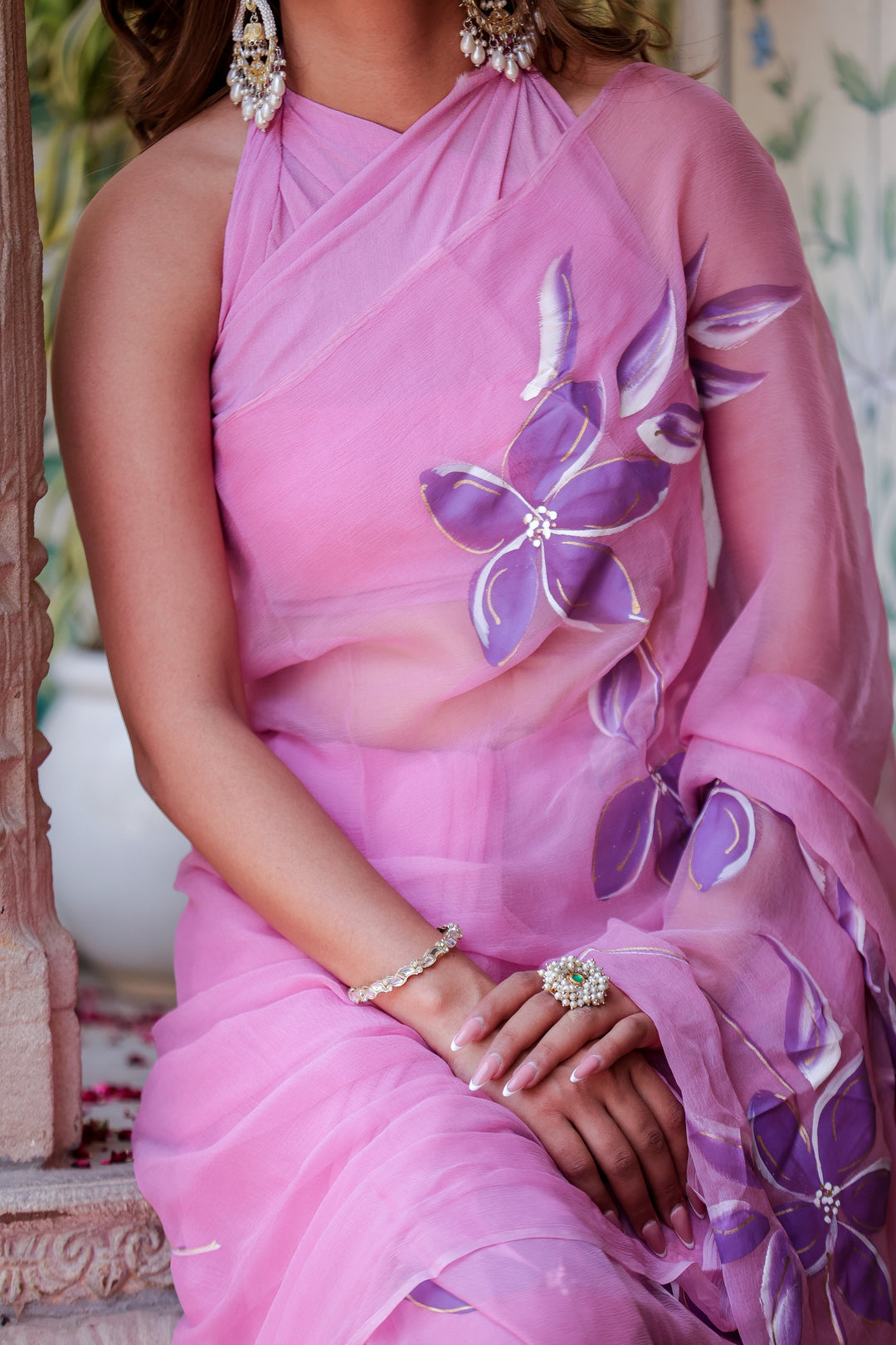 Blush Pink Chiffon Saree with Purple Floral Print | Lightweight Designer Saree with Blouse Piece
