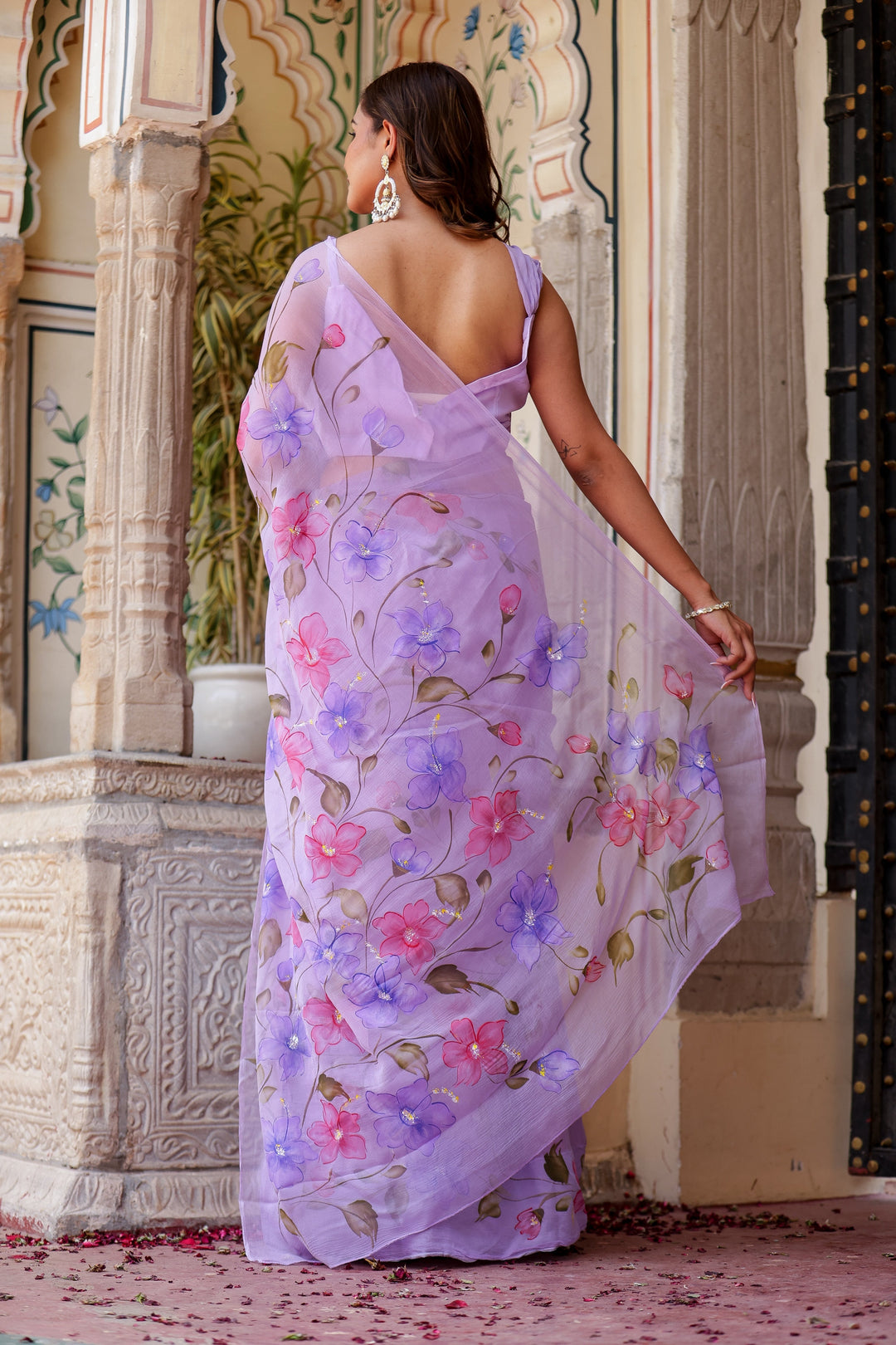 Lavender Chiffon Saree with Multicolour Floral Print | Lightweight Designer Saree with Blouse Piece