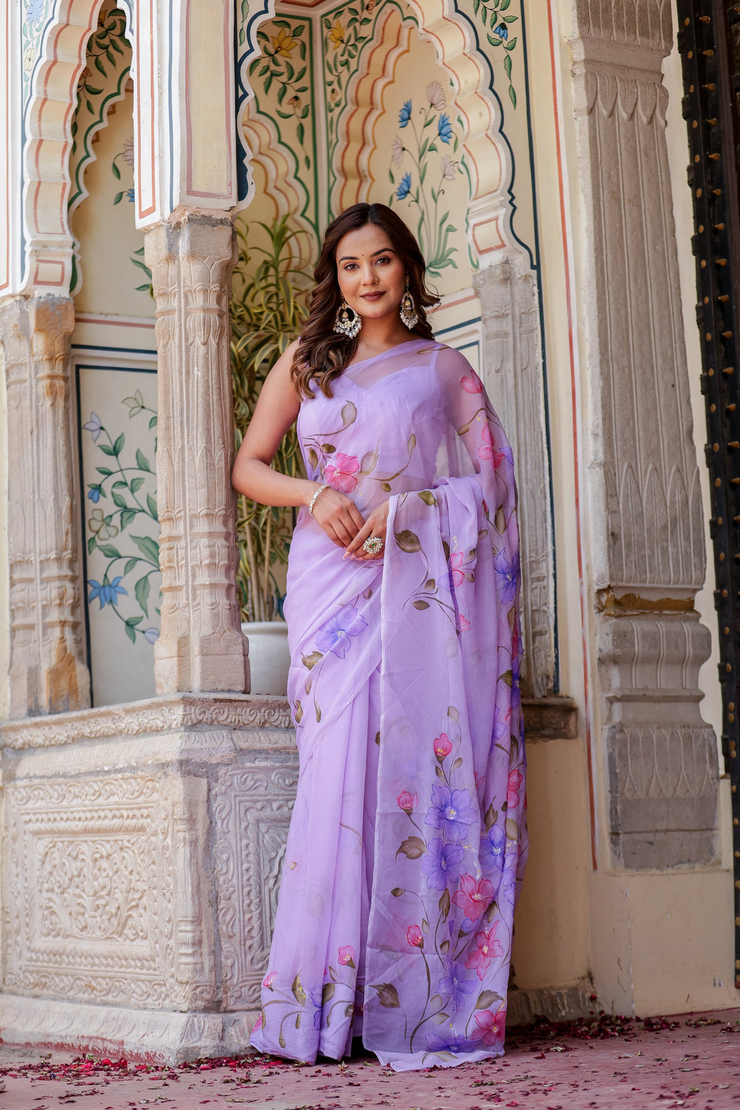 Lavender Chiffon Saree with Multicolour Floral Print | Lightweight Designer Saree with Blouse Piece