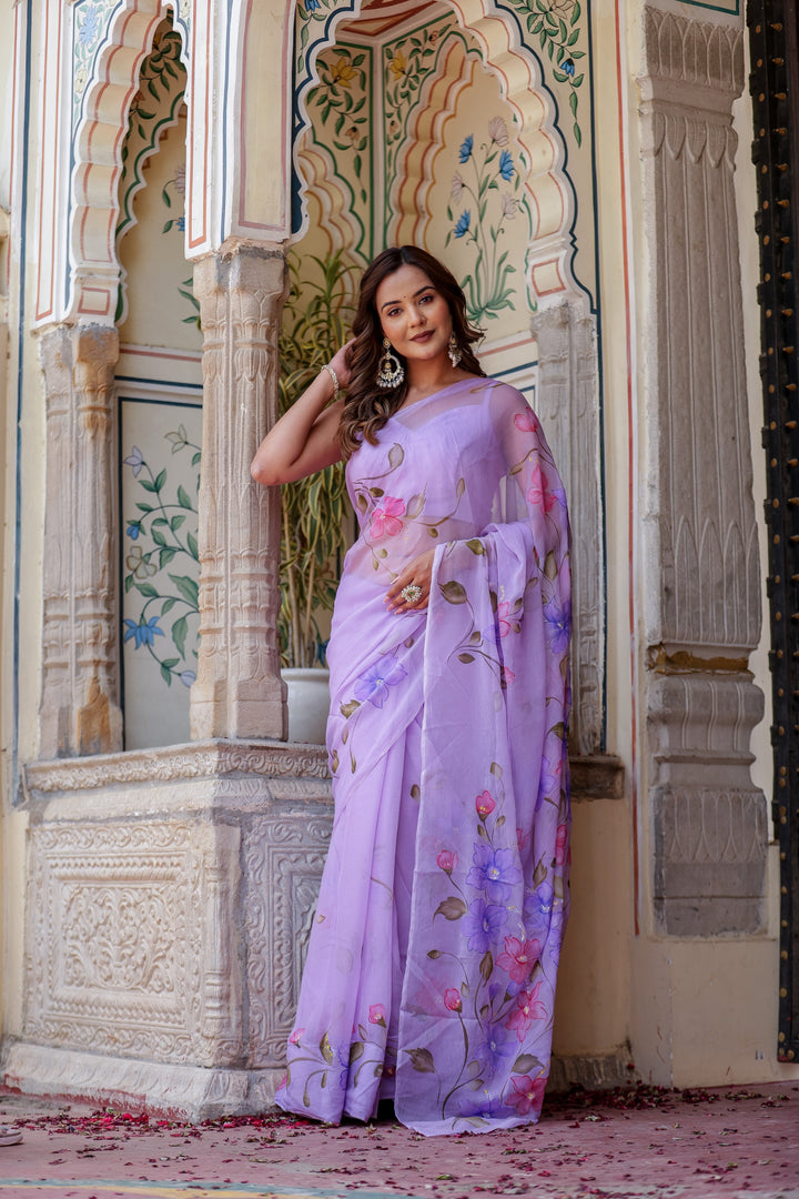 Lavender Chiffon Saree with Multicolour Floral Print | Lightweight Designer Saree with Blouse Piece