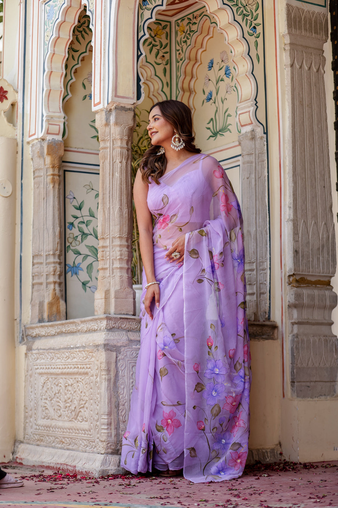 Lavender Chiffon Saree with Multicolour Floral Print | Lightweight Designer Saree with Blouse Piece