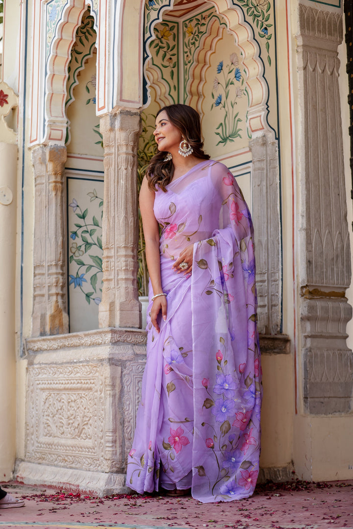Lavender Chiffon Saree with Multicolour Floral Print | Lightweight Designer Saree with Blouse Piece