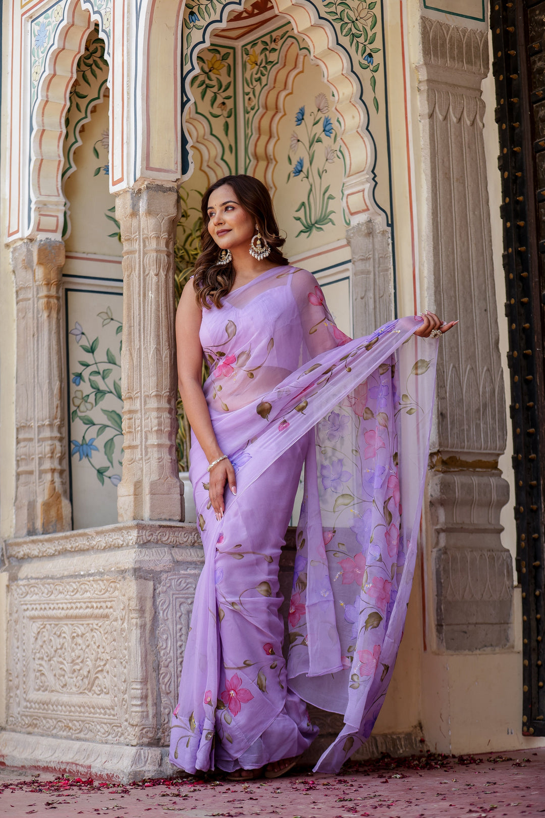 Lavender Chiffon Saree with Multicolour Floral Print | Lightweight Designer Saree with Blouse Piece