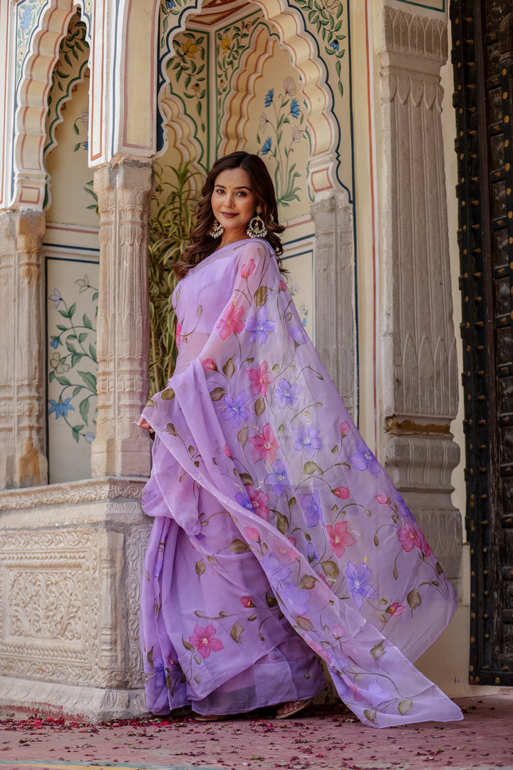 Lavender Chiffon Saree with Multicolour Floral Print | Lightweight Designer Saree with Blouse Piece