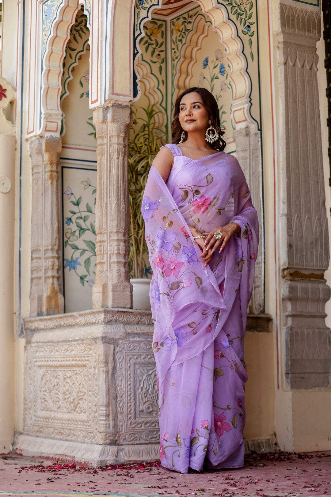 Lavender Chiffon Saree with Multicolour Floral Print | Lightweight Designer Saree with Blouse Piece