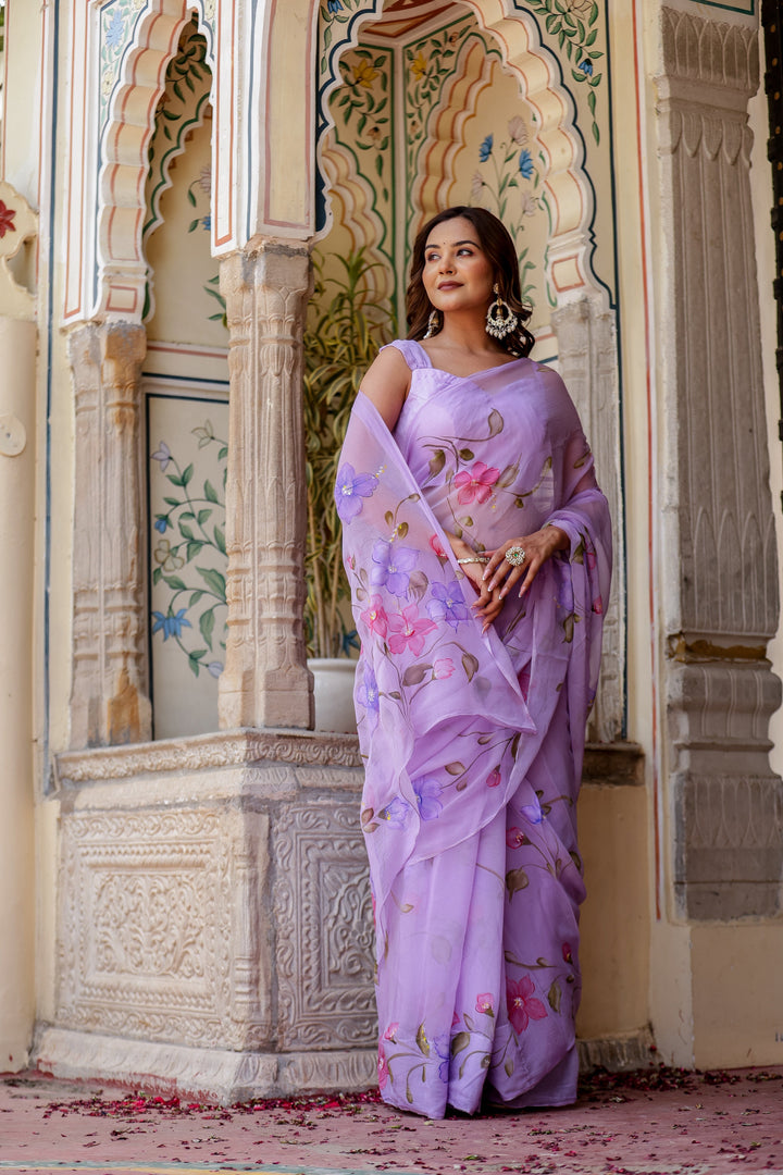 Lavender Chiffon Saree with Multicolour Floral Print | Lightweight Designer Saree with Blouse Piece