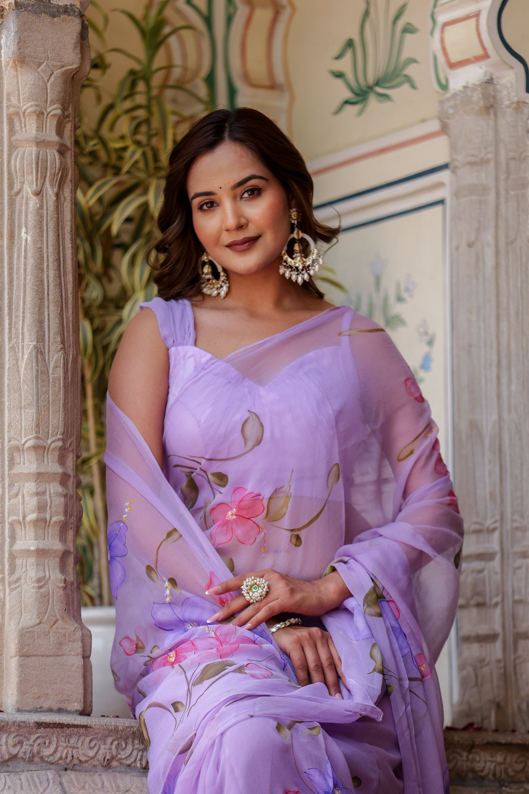 Lavender Chiffon Saree with Multicolour Floral Print | Lightweight Designer Saree with Blouse Piece