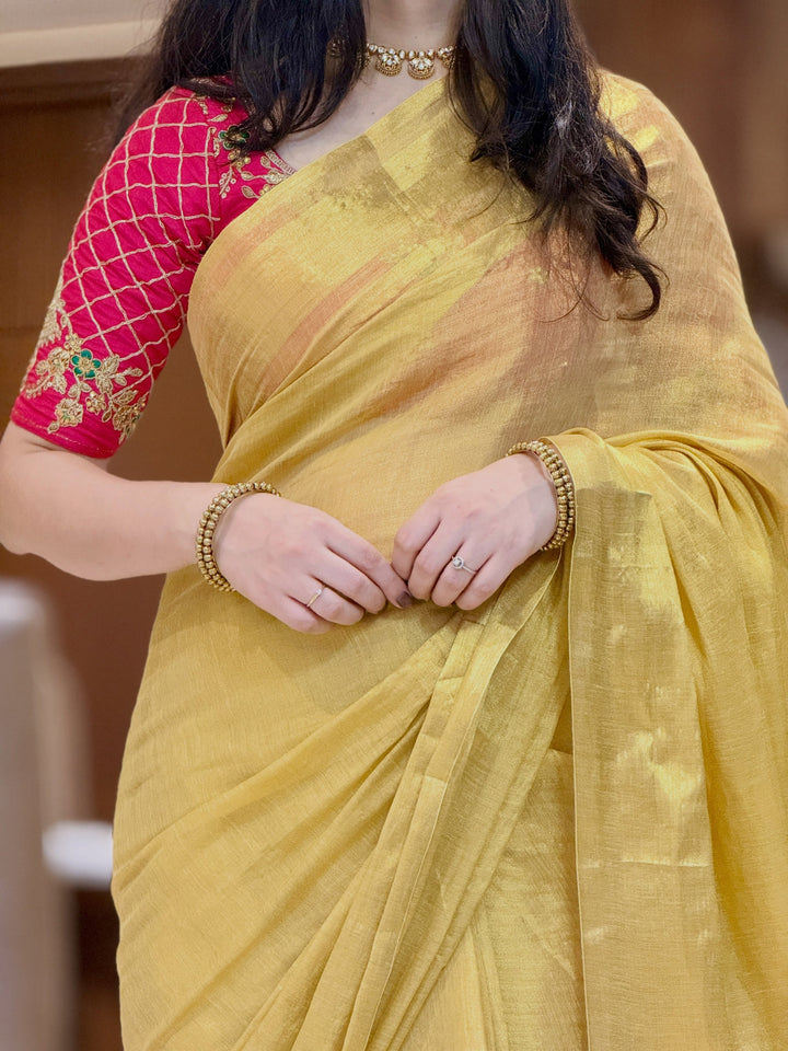 Royal Gold Kasavu Saree with Shimmer Zari Weave, Statement Pallu & Tassels on Edges, Comes With Attached Blouse Piece
