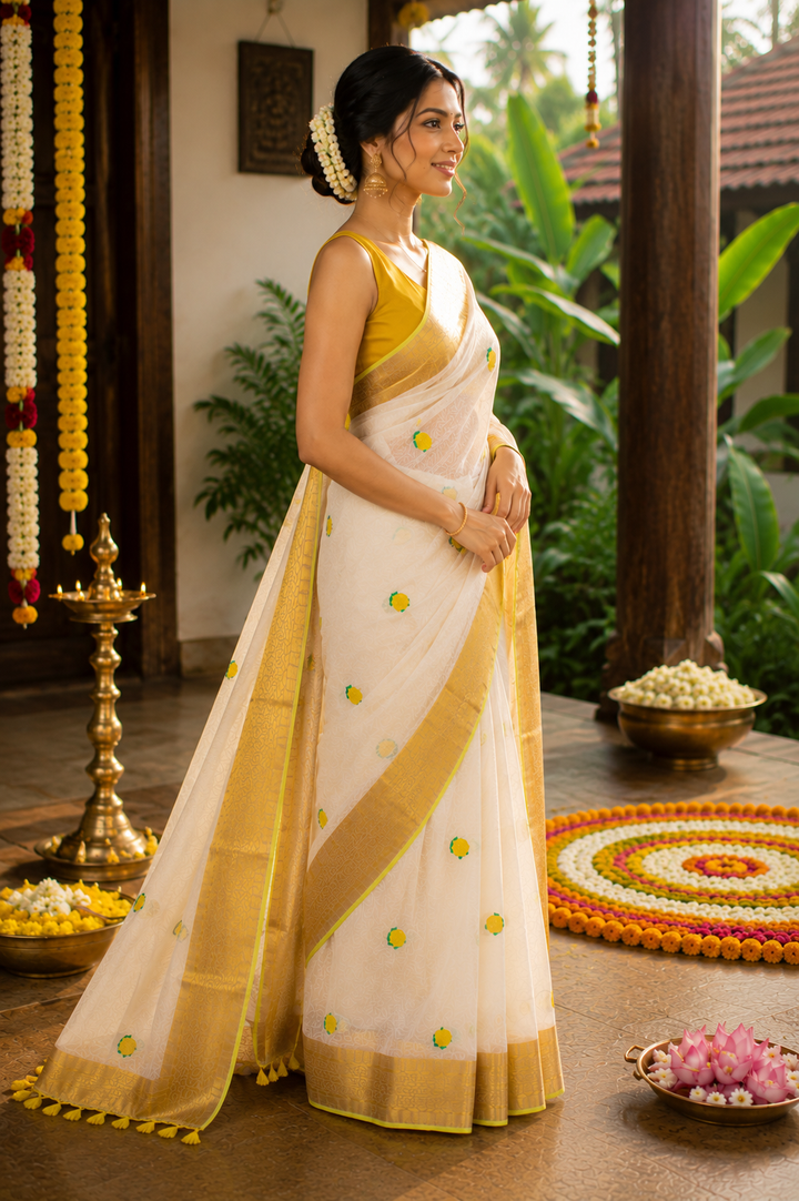 Onam Special White Mul Cotton Saree with Golden Zari Border & Tassels | Traditional Kerala Kasavu Style Saree with Running Blouse