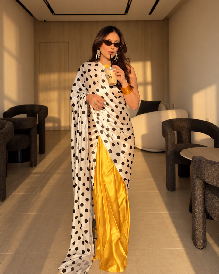 Ivory Black Polka Dot Satin Saree with Contrast Golden Draping & Attached Blouse Piece