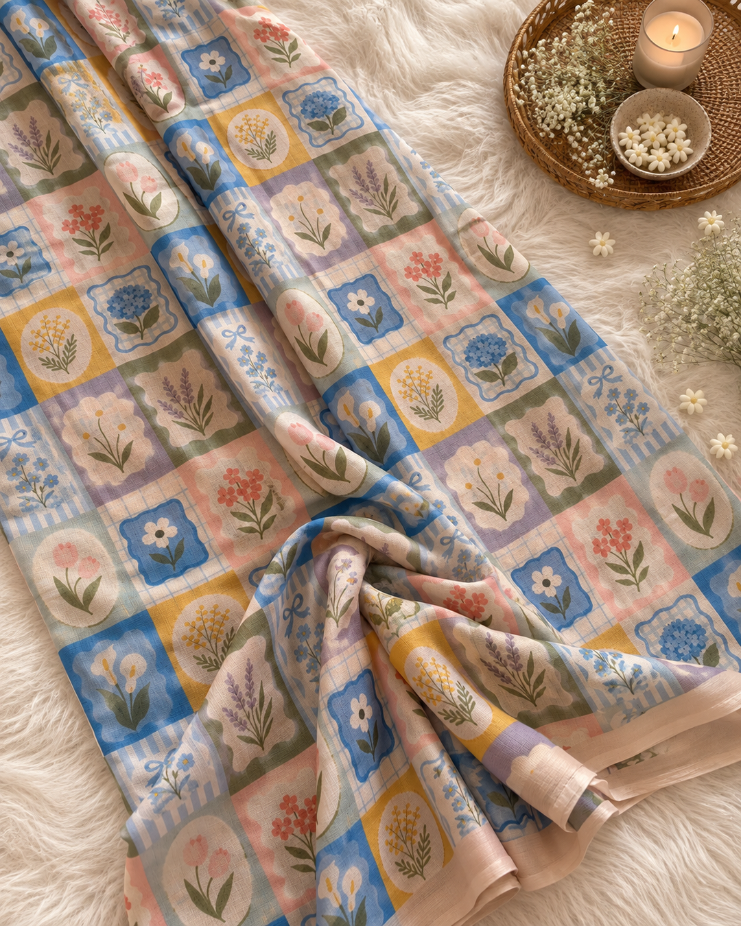 Bloom & Check Chinnon Saree with Multicolour Floral Patchwork Print & Attached Blouse Piece