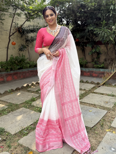 Elegant White and Pink Pure Linen Digital Printed Saree with Black Border, Tassels, and Blouse Piece – Intricate Floral and Geometric Design